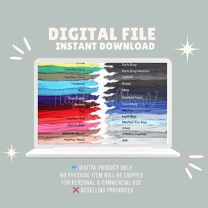 The image is a digital file that contains a list of various colors and styles of t-shirts, along with a laptop screen displaying the list.