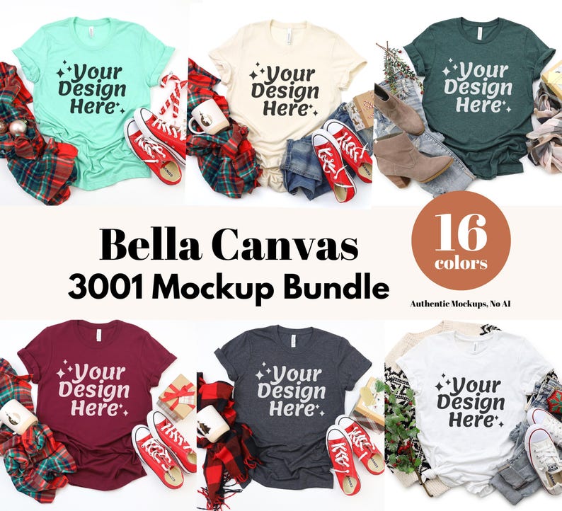 Paquete de maquetas navideñas / Maquetas de camisetas Bella Canvas 3001 / Diseño plano navideño con fotos reales / Estética navideña acogedora imagen 3