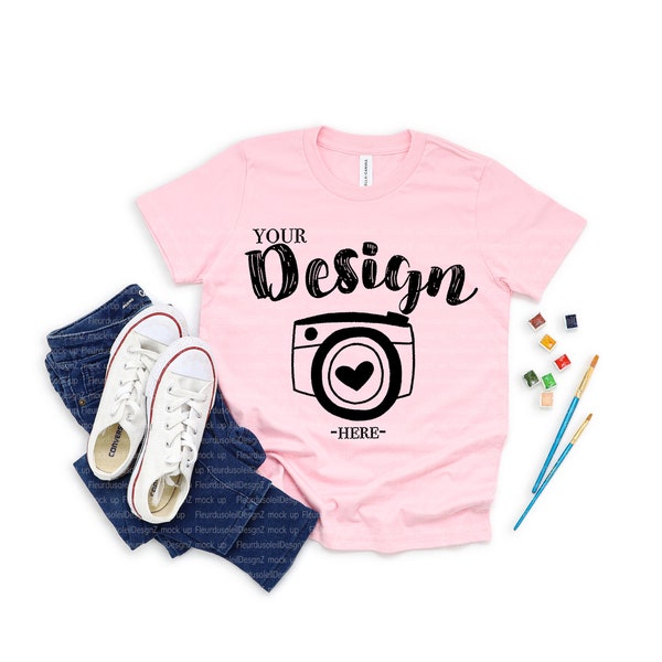 Bella Canvas 3001Y Youth Pink Jersey Short-Sleeve T-shirt Flat Lay T-Shirt Mock Up Mock Up Flat Lay