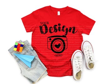 Bella Canvas 3001Y Youth Red Jersey Short-Sleeve T-shirt Flat Lay T-Shirt Mock Up Mock Up Flat Lay