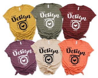 Bella Canvas 3001 Group T-Shirt Mockup | 3001 Heather Mustard Olive Maroon | Unisex Camping Flatlay Mock-up | Fall Earthy Colors