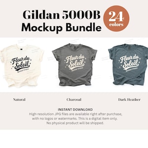 May include: A mockup bundle showcasing three Gildan 5000B t-shirts in natural, charcoal, and dark heather. Each tee features the "Fleur du Soleil" design. The image includes text indicating 24 colour options.