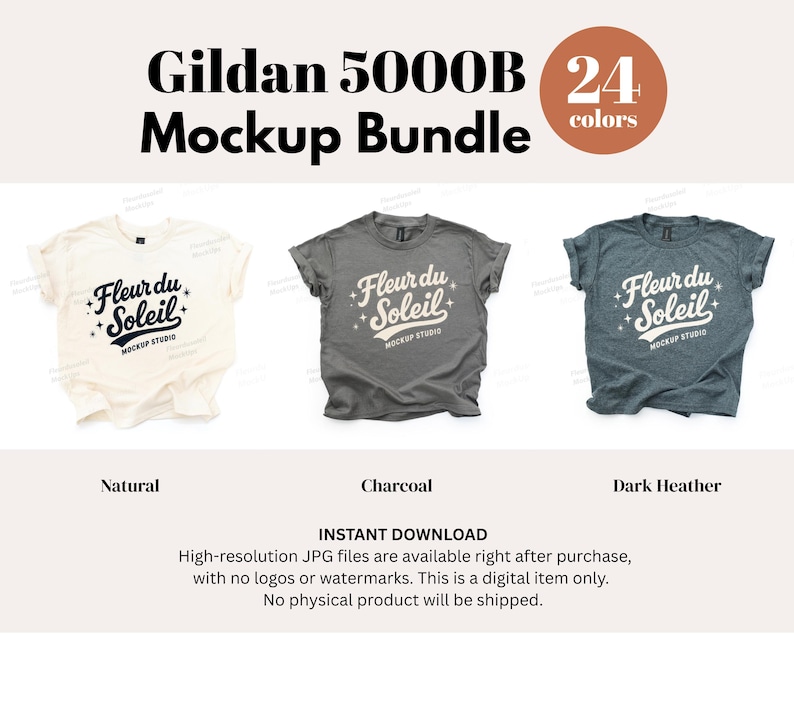 May include: A mockup bundle showcasing three Gildan 5000B t-shirts in natural, charcoal, and dark heather. Each tee features the "Fleur du Soleil" design. The image includes text indicating 24 colour options.