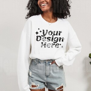 Gildan 18000 White Sweatshirt Mockup Trendy Minimalist Sweater Pullover Mock G180 Grey Crewneck Mock-up Real Model Mock