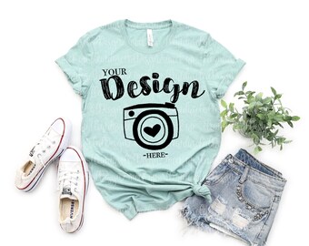 Bella Canvas 3001 Heather prism Dusty Blue, Flat Lay Mockup, Mock Up flat lay Bella Canvas mock up T-shirt Mockup