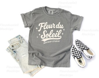 Comfort Colors C9018 Grey Youth T-Shirt Mockup | 9018 grey Kids Tee Mock-up | Real Product Photo | Minimal Neutral Styled Shirt