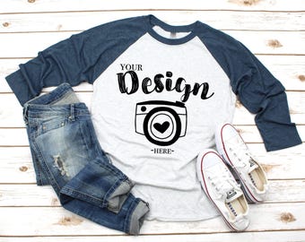 Next Level 6051 Indigo Heather White Unisex Baseball T-shirt Mockup, Mock Up, Flat Lay Mockup