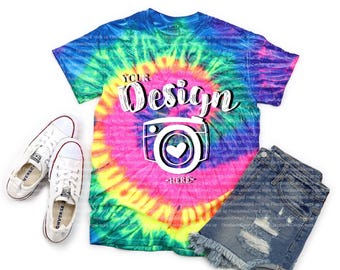 Neo Rainbow - adult TIE DYE T-Shirt | Colortone Mock Up | Tie-Dye CD100 Neon Rainbow Unisex T-shirt Mock Up | Tie Dye Mock Up