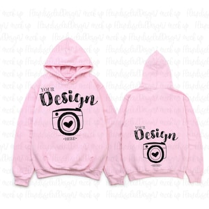 Parte delantera y trasera - Sudadera con capucha Gildan 18500, color rosa claro. Maqueta de camiseta Gildan. Maqueta de camisa en plano.
