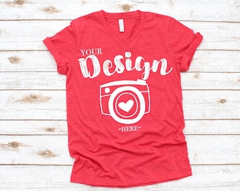 Bella+Canvas 3005 Mockup Heather Red | V-Neck Unisex Tee Flat Lay Photo | White Background | POD Mockup