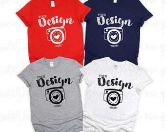 T-shirt familial blanc maquette Gildan style doux maquette T-shirt familial maquette Gildan 64000 groupe Blanc/rouge/marine/gris sport