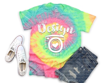 Minty Rainbow - adult TIE DYE T-Shirt | Colortone Mock Up | Tie-Dye CD100 Neon Rainbow Unisex T-shirt Mock Up | Tie Dye Mock Up
