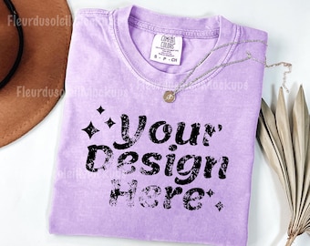 Comfort Colors C1717 Orchid Mockup, Purple Shirt Mockup, CC1717 Flat Lay T-Shirt Mockup, Minimal Plain Background Mockup