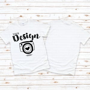 Front & Back Gildan 500 White Unisex TShirt Mockup,t-shirt mockup gildan Flat Lay Shirt Mock Up,Modern Shirt Mockup, White Wooden Background