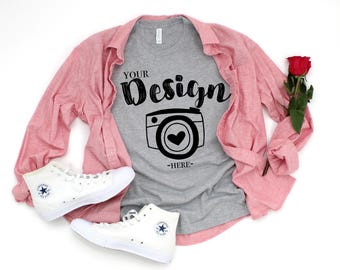 Bella Canvas 3001 Athletic Heather Flat Lay Mockup Valentine's Day Mock up Flat Lay grey tee mockups T-shirt Mockup Unisex Tee Mockup