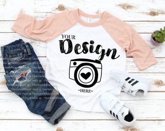 Bella Canvas 3200T Mockup, White Peach Toddler Kids T-Shirt Flat Lay, Raglan Tee Mockup, Simple Minimal Neutral Basic Background