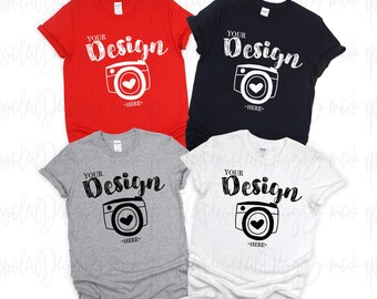 Maqueta de camiseta familiar en blanco estilo suave Gildan Maqueta de camiseta familiar Gildan 64000 grupo Blanco/rojo/negro/gris deportivo