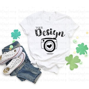 St. Patrick&#39;s Day Mockup Flat Lay Bella Canvas 3001 white mock up T-shirt Mock Up t-shirt bella canvas 3001 mockup st patricks day