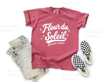 Comfort Colors C9018 Crimson Youth T-Shirt Mockup | 9018 red Kids Tee Mock-up | Real Product Photo | Minimal Neutral Styled Shirt