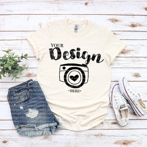 Gildan 64000 Natural Unisex TShirt mockup Gildan Softstyle Tshirt Mockup Flat Lay Shirt Mock Up White Wooden Background