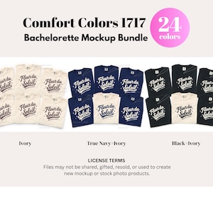 May include: A mockup bundle of Comfort Colors 1717 t-shirts in various colors, including ivory, navy, and black. The shirts feature the text "Fleur du Soleil" and are arranged in rows. A pink circle displays "24 colors".
