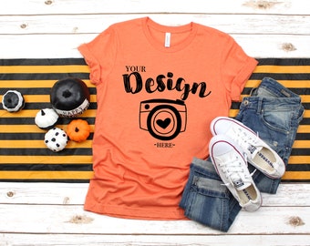 Bella Canvas 3001 Heather Orange Unisex T-shirt Mock Up orange t-shirt mockup  Flat Lay Bella Canvas mock up halloween tshirt mockup fall