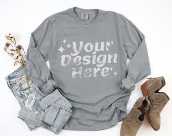 Comfort Colors 6014 Mockup 6014 Grey Mockup Comfort Colors Long Sleeve Mockup 6014 Mockup grey Long Sleeve Mockups