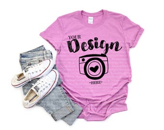 Gildan 64000 Heather Radiant Orchid Unisex TShirt mockup Gildan Softstyle Tshirt Mockup Flat Lay Shirt Mock Up spring mockup