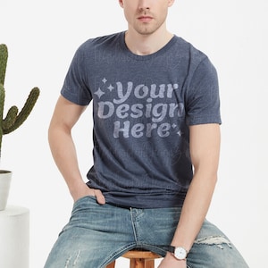 Men&#39;s T-Shirt Mockup Bella Canvas 3001 CVC Heather Navy Mockup Men Male Model T-Shirt Shirt Mockups Males Blank Mockups for Men