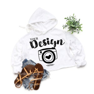 Bella Canvas 7502 White Crop Hoodie Mockup | Womens Crop Hoodie Sweatshirt Mockup | White 7502 Crop Hoodie Flatlay