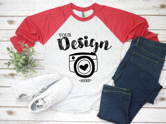Next Level 6051 Vintage Red Heather White Unisex Baseball T-shirt Mockup, Mock Up, Flat Lay Mockup
