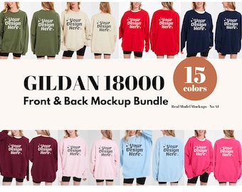 Zestaw makiet przodu i tyłu bluzy Gildan 18000 | Prawdziwy model bluzy z okrągłym dekoltem G180 | Minimalistyczne, unisexowe makiety bluz z podzielonym widokiem