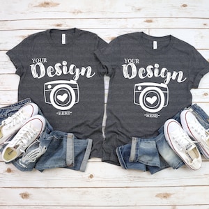 family t-shirt mockup Bella Canvas 3001 Dark Gery Heather Mock Up Shirts Family Flat Lay bella canvas mockups