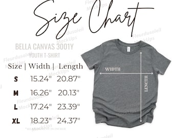 Bella Canvas 3001Y Size Chart Mockup | Youth Tee Sizing Guide | Kids T-Shirt Size Chart | Bella and Canvas 3001Y