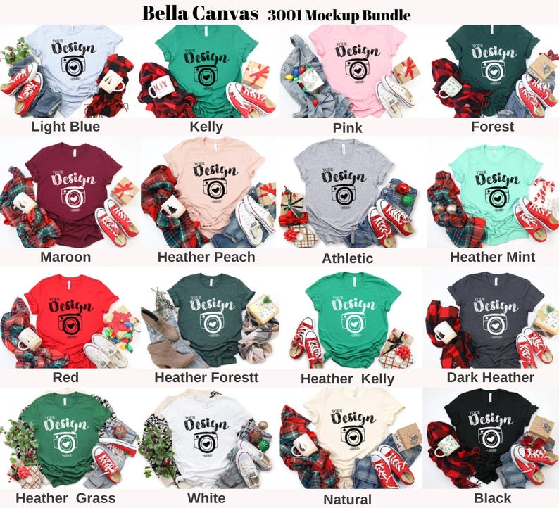 Paquete de maquetas navideñas / Maquetas de camisetas Bella Canvas 3001 / Diseño plano navideño con fotos reales / Estética navideña acogedora imagen 2
