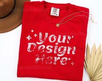 Comfort Colors C1717 Red Shirt Mockup | Flat Lay T-Shirt Mockup | Red Comfort Colors Tee Display | Lifestyle Shirt Mockup