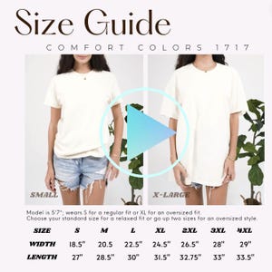 ビデオ コンフォートカラーズ 1717 サイズガイド、トレンドのオーバーサイズサイズ表、Tシャツサイズガイド、C1717 POD サイズ比較表