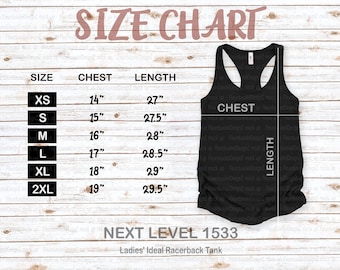 Next Level Size Chart | Next Level 1533 Size Chart | NEXT LEVEL mockup | tee Size Chart | Racerback Tank Size Chart