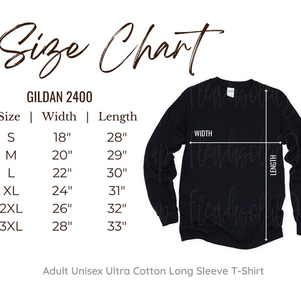 Gildan 2400 Size Chart | Gildan Size Chart | Gildan sizing | Long Sleeve t-shirt Size Chart | gildan 2400 Mockups