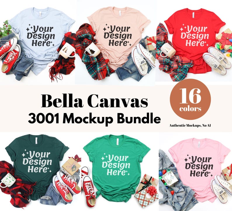 Christmas Mockup Bundle | Bella Canvas 3001 Shirt Mockups | Real Photo Holiday Flat Lay | Cozy Christmas Aesthetic