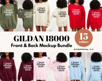 Zestaw makiet przodu i tyłu bluzy Gildan 18000 | Prawdziwy model bluzy z okrągłym dekoltem G180 | Minimalistyczne, unisexowe makiety bluz z podzielonym widokiem