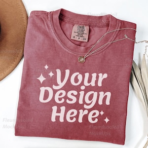 Comfort Colors 1717 Brick Shirt Mockup | Red T-Shirt Flat Lay | Minimal Folded Tee Mockup | Simple CC1717 Aesthetic Tee
