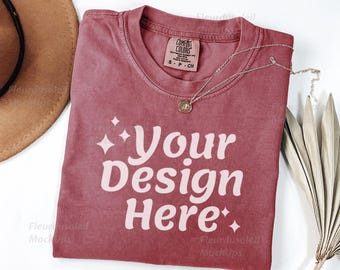 Comfort Colors 1717 Brick Shirt Mockup | Red T-Shirt Flat Lay | Minimal Folded Tee Mockup | Simple CC1717 Aesthetic Tee