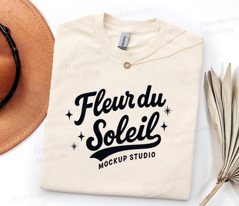 Gildan 5000 Natural Mockup | Folded T-Shirt Flat Lay | G5000 Blank Tee Mock Up | Neutral Minimalist Aesthetic | POD Product Image JPEG