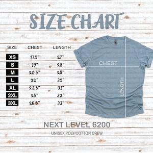 Next Level 6200 サイズ表 | Next Level サイズ表 | Next Level Tシャツ サイズ表 | Next Level ユニセックス ポリコットン Tシャツ サイズ表