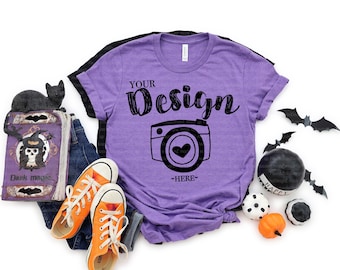 Mockup Bella Canvas 3001 Halloween Heather Team Roxo Mockup Bella Canvas 3001 Mockup Camiseta Outono Flat lay lifestyle