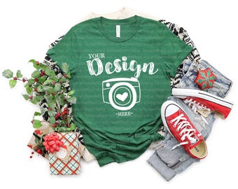 bella canvas 3001 Heather Grass green mockup Flat Lay Mock Up Flat Lay Bella Canvas mock up T-shirt Mockup Christmas Mockup