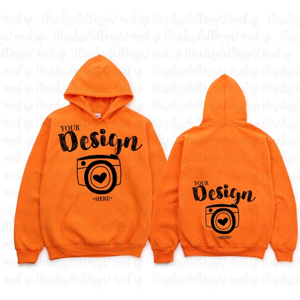 Front and Back- Gildan 18500 Hooded Sweatshirt Brand Orange hoodie Mockup t-shirt mockup gildan Flat Lay Shirt Mock Up