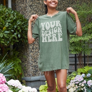 Comfort Colors C1717 Moss Mockup Tshirt Mockup Untucked Tshirt Boho Summer Fall Aesthetic Oversized Green Tshirt Mockup Real Model Mock