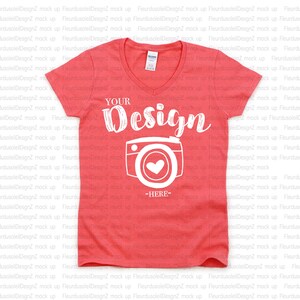 Gildan 5V00L Coral Silk Heavy Cotton Women's V-Neck T-Shirt TShirt Mockup,Flat Lay Shirt Mock Up,Modern Shirt Mockup t-shirt mockup gildan